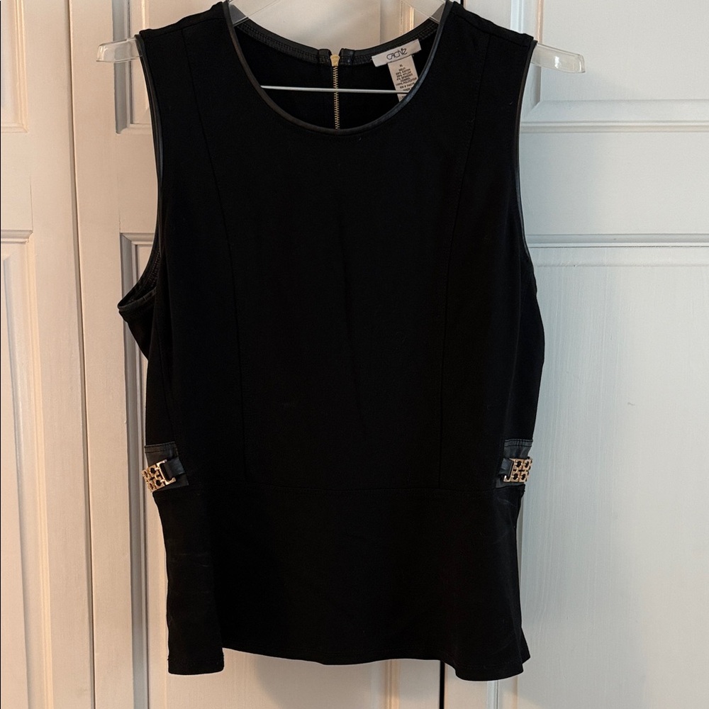 Cache Black Sleeveless Top with Gold Accents and Faux Leather Trim
